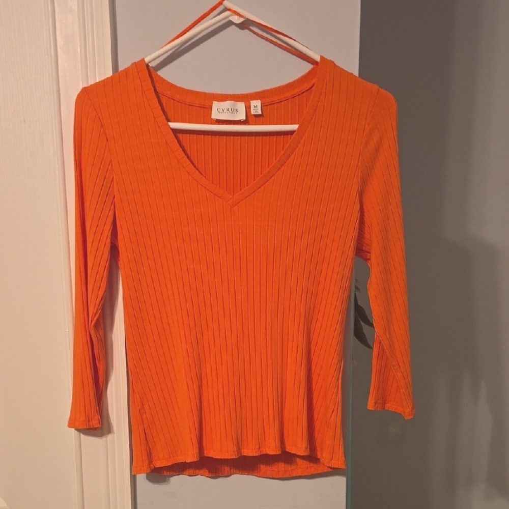 Cyrus Vibrant Orange Ribbed Long Sleeve Blouse
